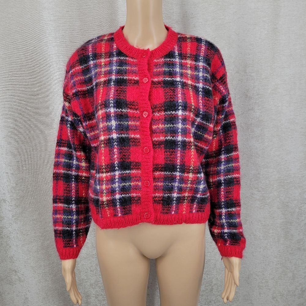 Vintage Mohair Red Tartan Plaid Button Up Cropped Cardigan Sweater